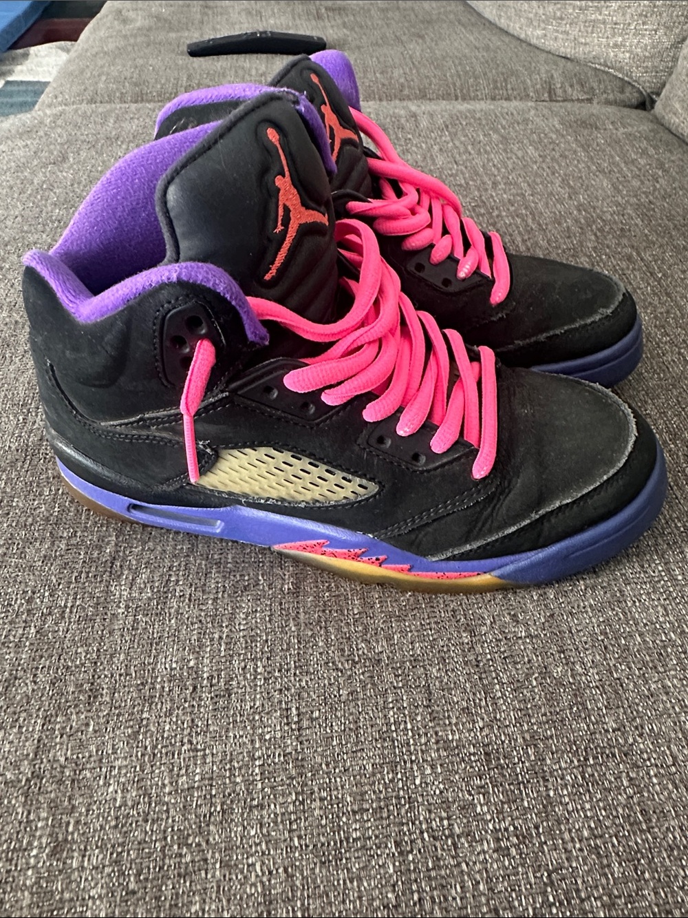 Jordan Kids Black Sneakers with Pink Laces and Purple Lining